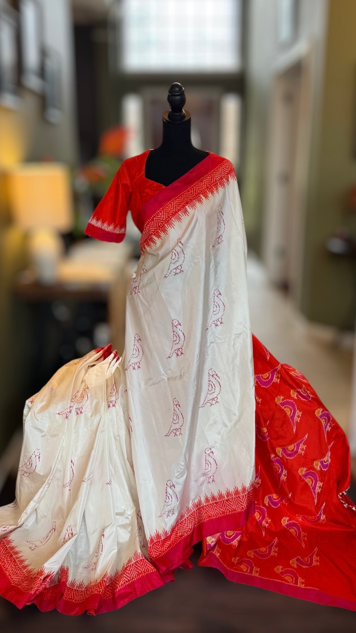 Ivory With Red Orange Border Ikkat Pure Silk