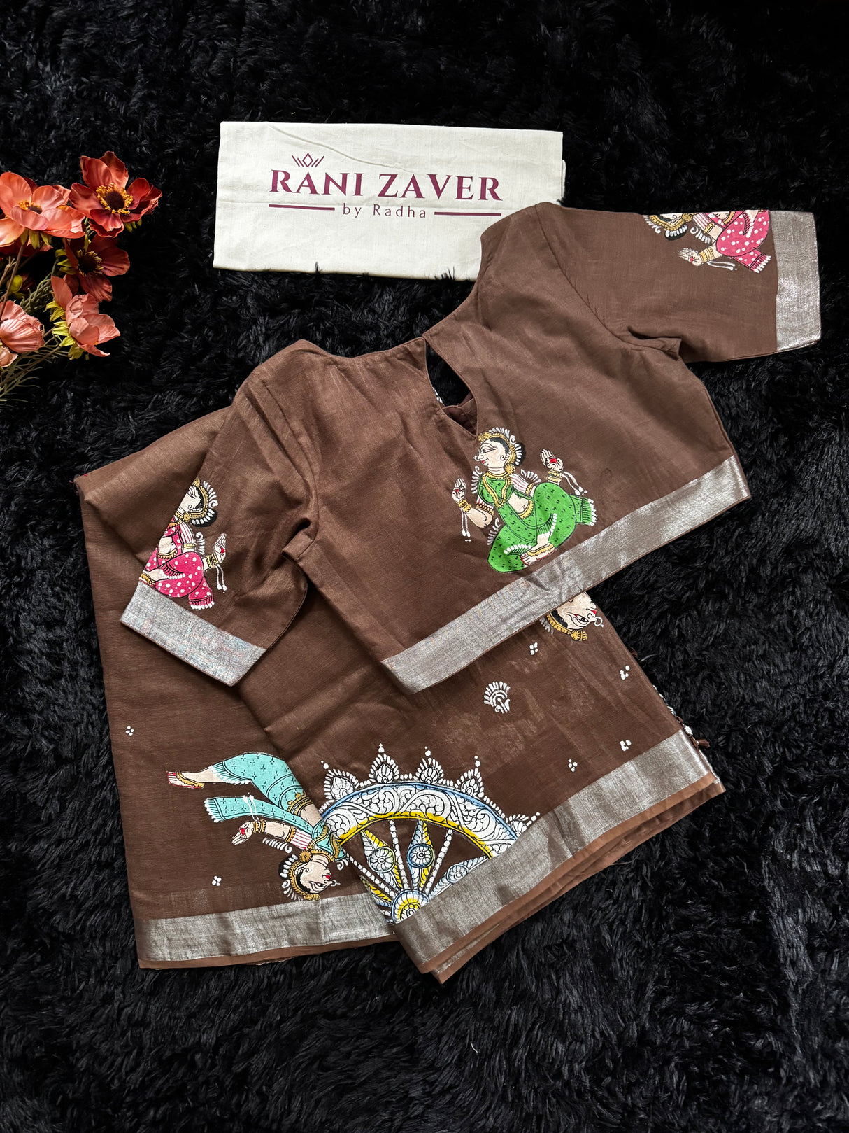 Brown Hand Painted Patachitra Konark Temple Theme Cotton Linen