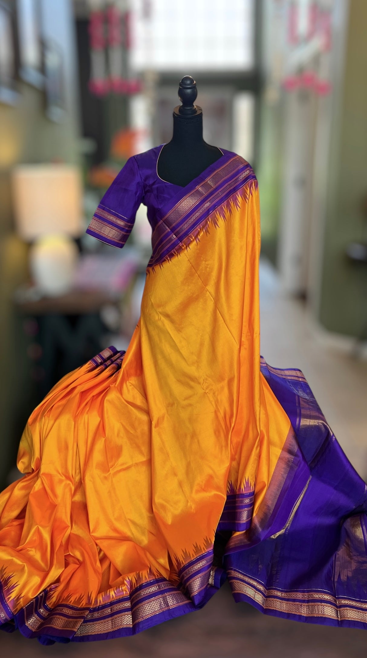 Mango Orange Purple Ilkal Pure Silk Saree