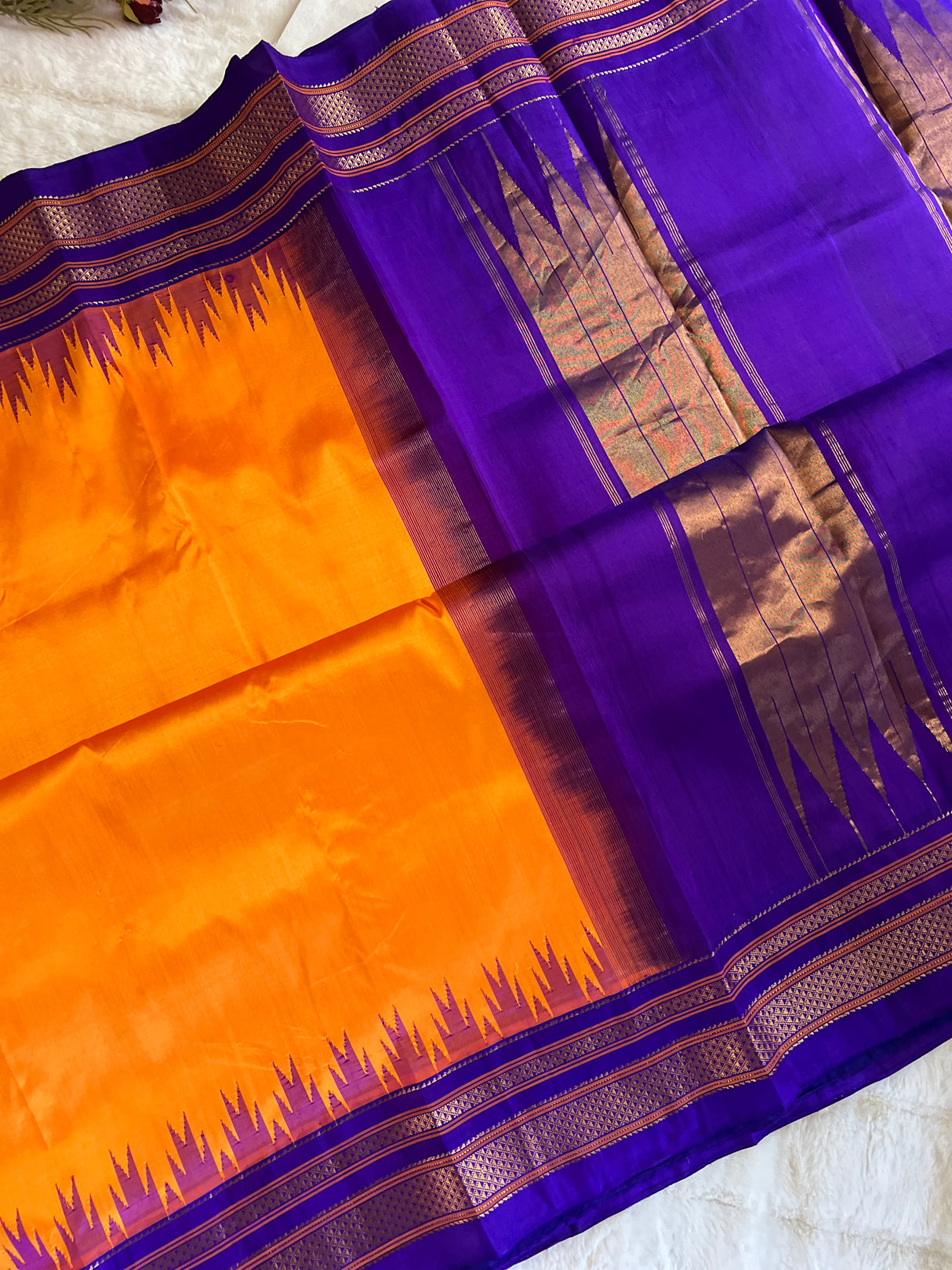 Mango Orange Purple Ilkal Pure Silk Saree
