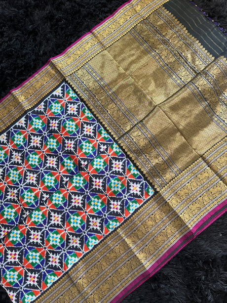 Ikkat Kanchipuram Fusion Handloom Pure Silk with Pre-Stitched Blouse