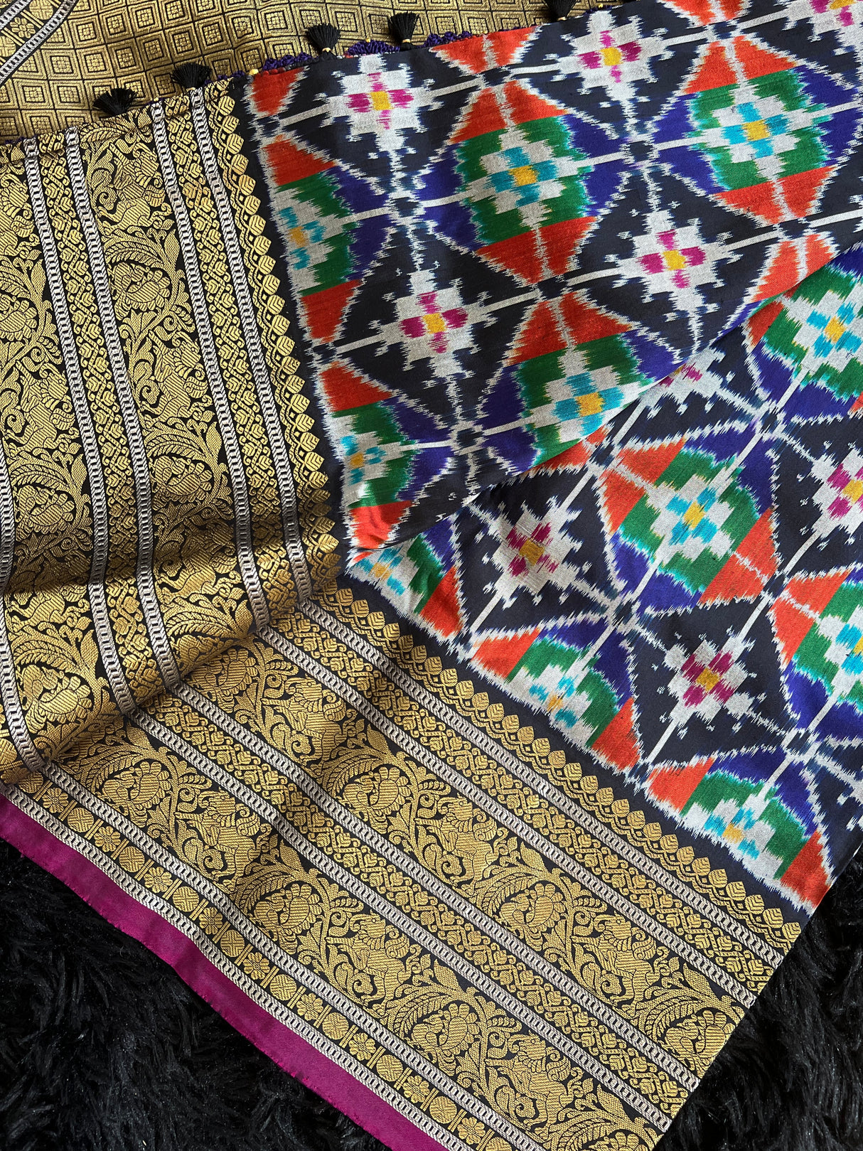 Ikkat Kanchipuram Fusion Handloom Pure Silk with Pre-Stitched Blouse