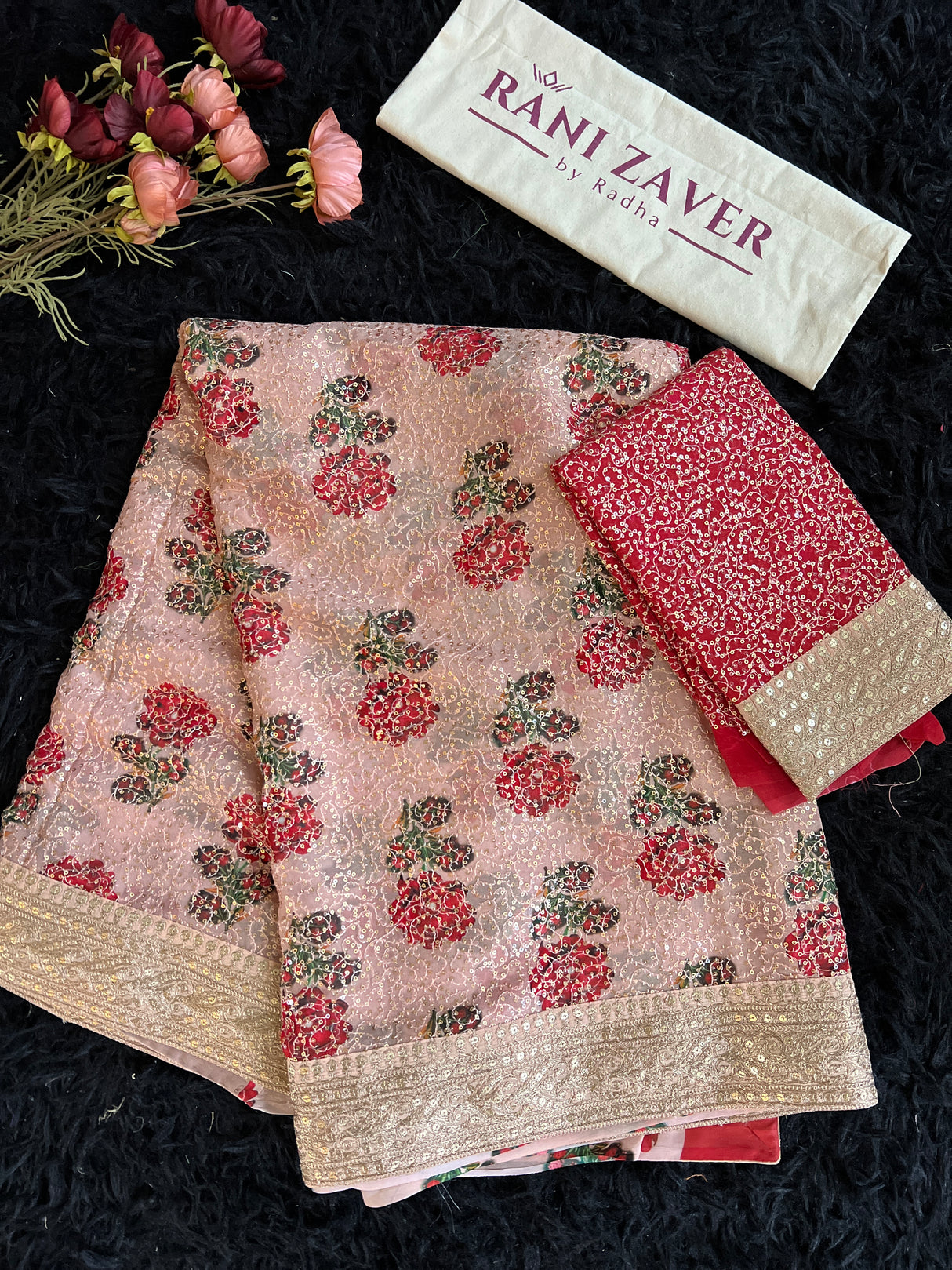 Pastel Pink Sequins on Pure Georgette with rose design