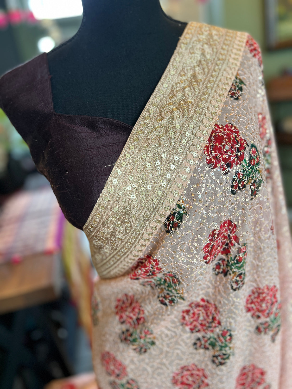 Pastel Pink Sequins on Pure Georgette with rose design