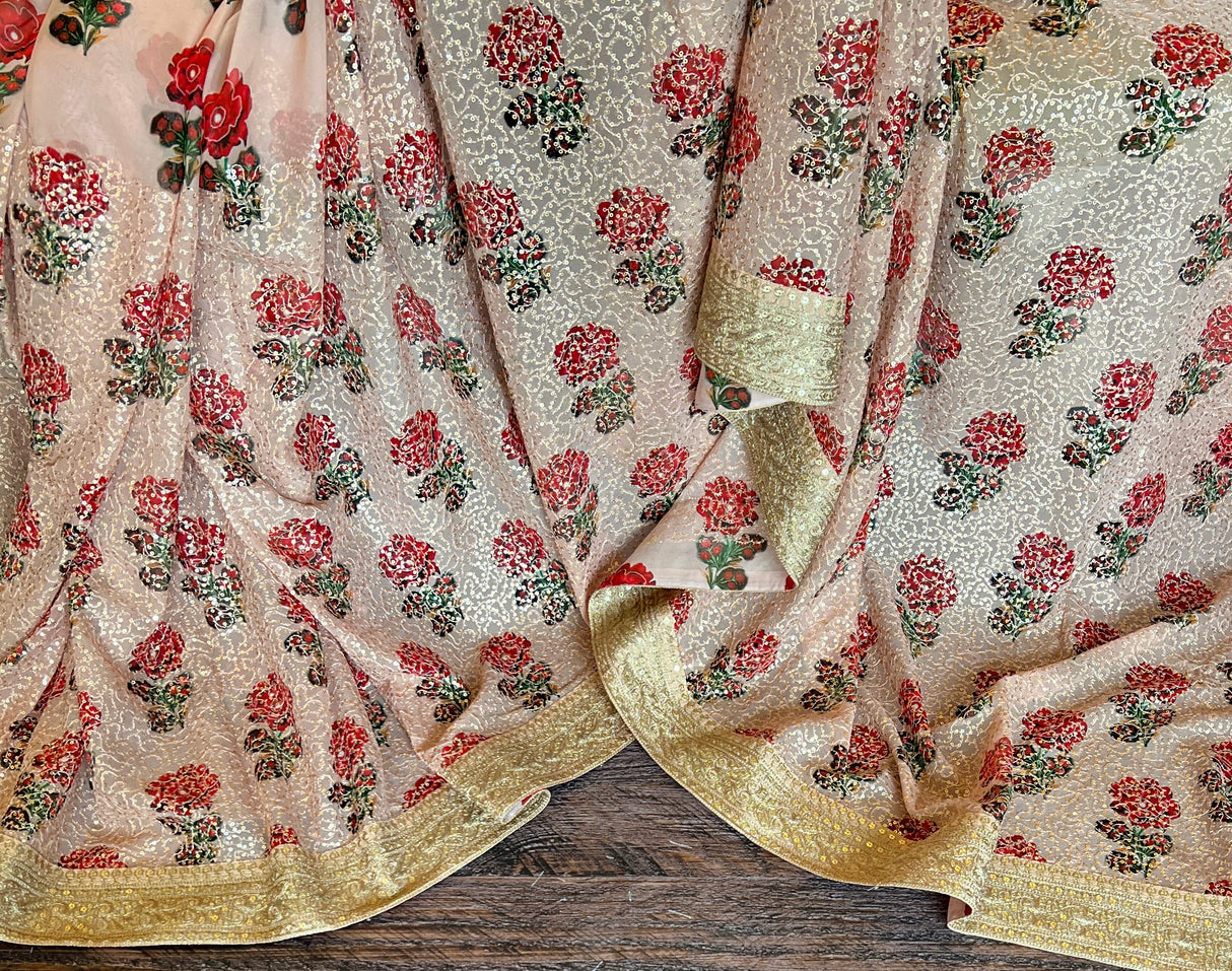 Pastel Pink Sequins on Pure Georgette with rose design
