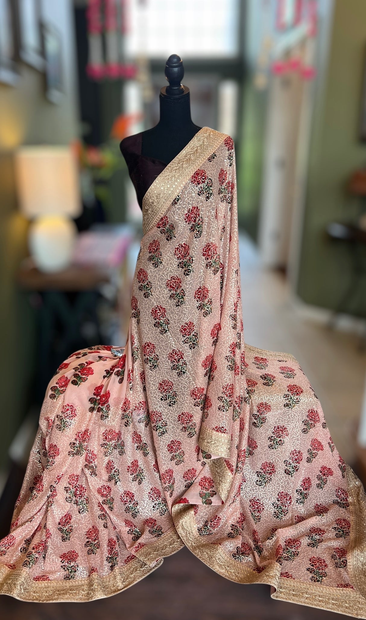 Pastel Pink Sequins on Pure Georgette with rose design
