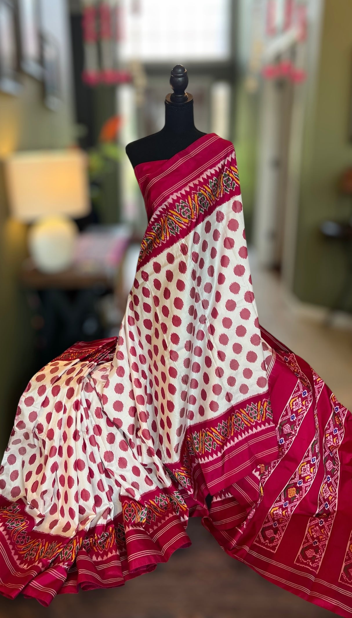 White with Rani Pink Polka Dots Ikkat Pure Silk
