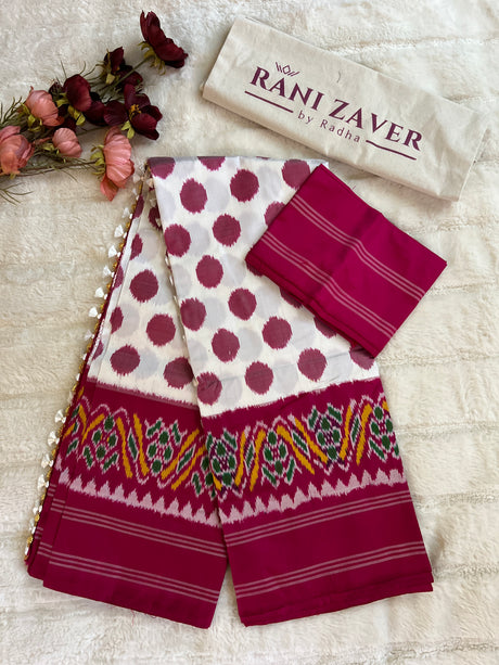 White with Rani Pink Polka Dots Ikkat Pure Silk