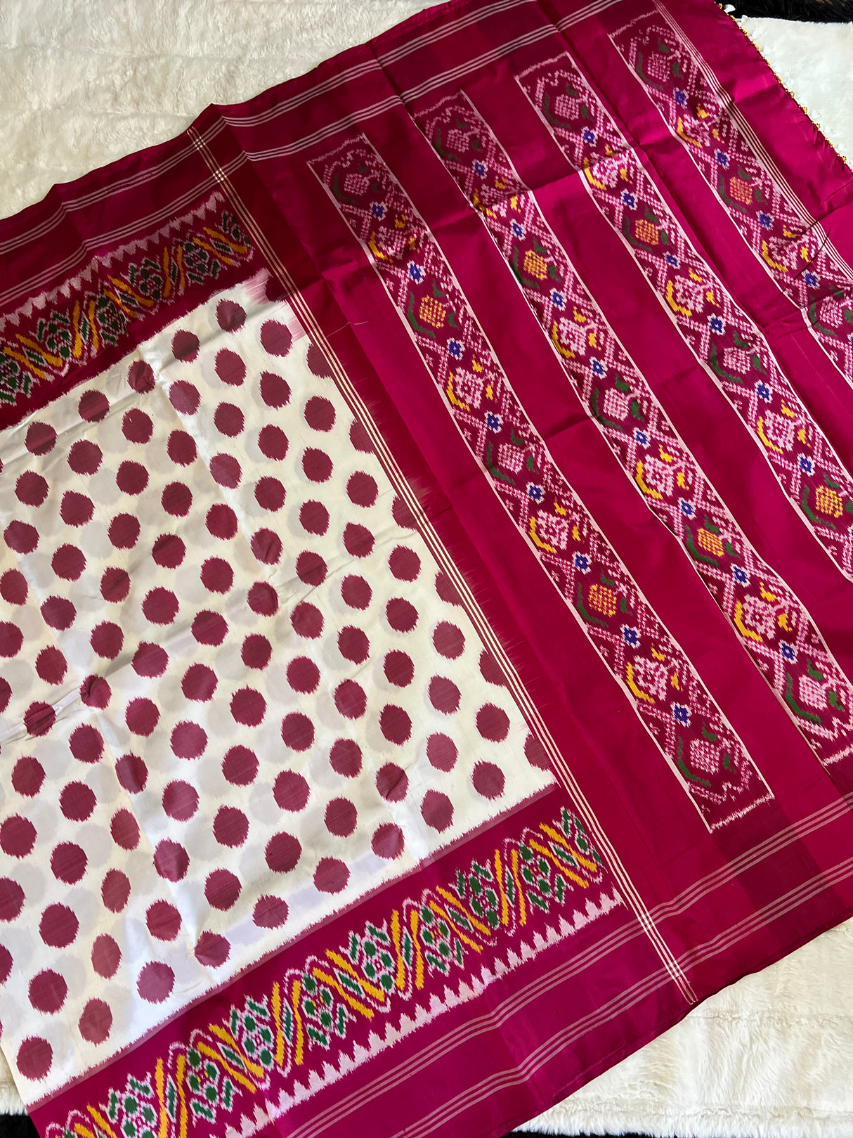 White with Rani Pink Polka Dots Ikkat Pure Silk