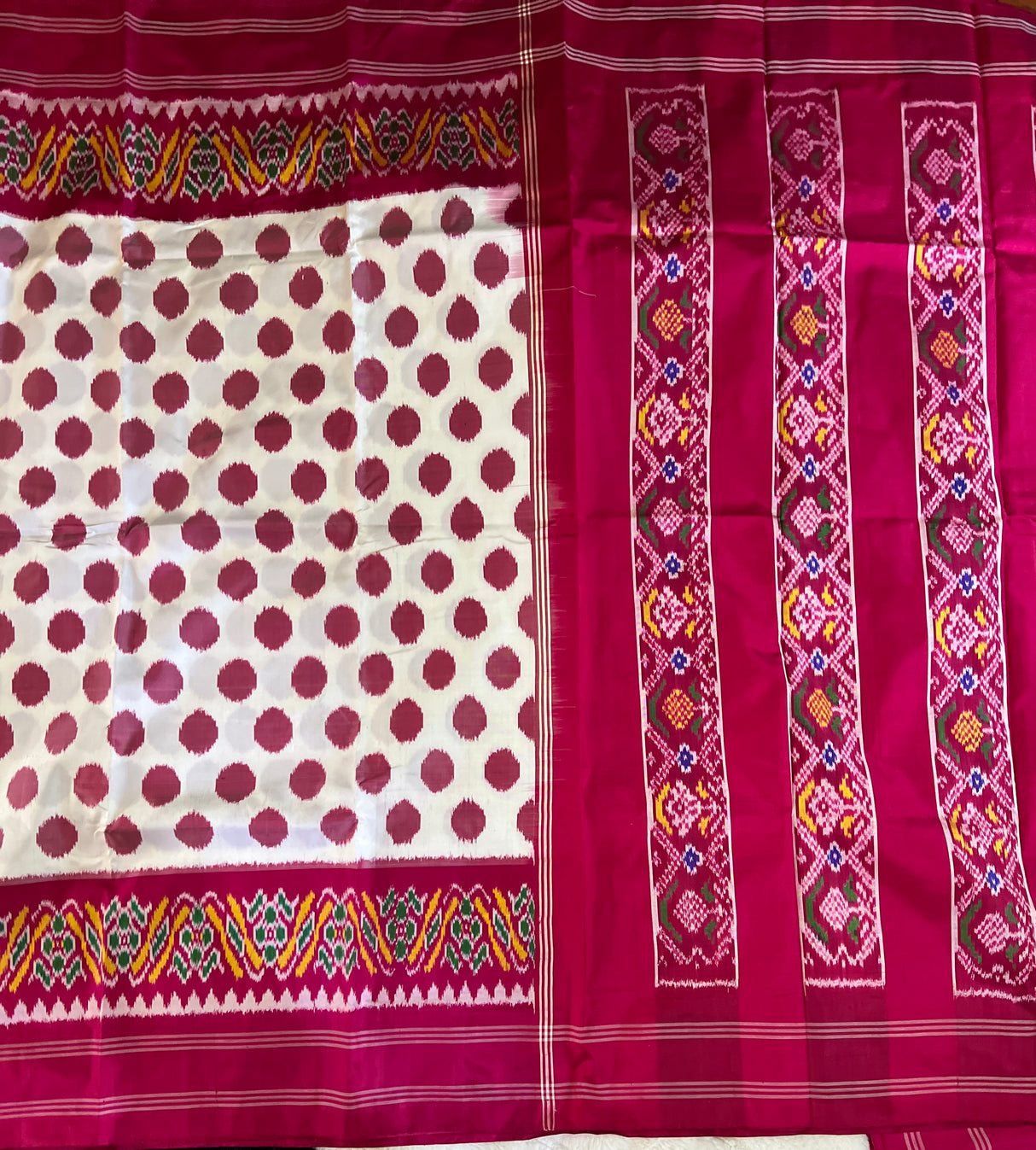 White with Rani Pink Polka Dots Ikkat Pure Silk