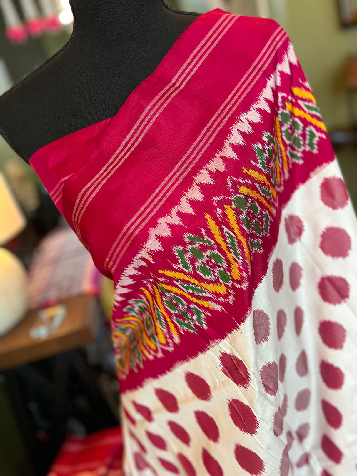 White with Rani Pink Polka Dots Ikkat Pure Silk