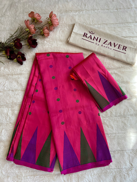 Hot Pink Multi color Gopuram Border Gadwal Handloom Pure Silk