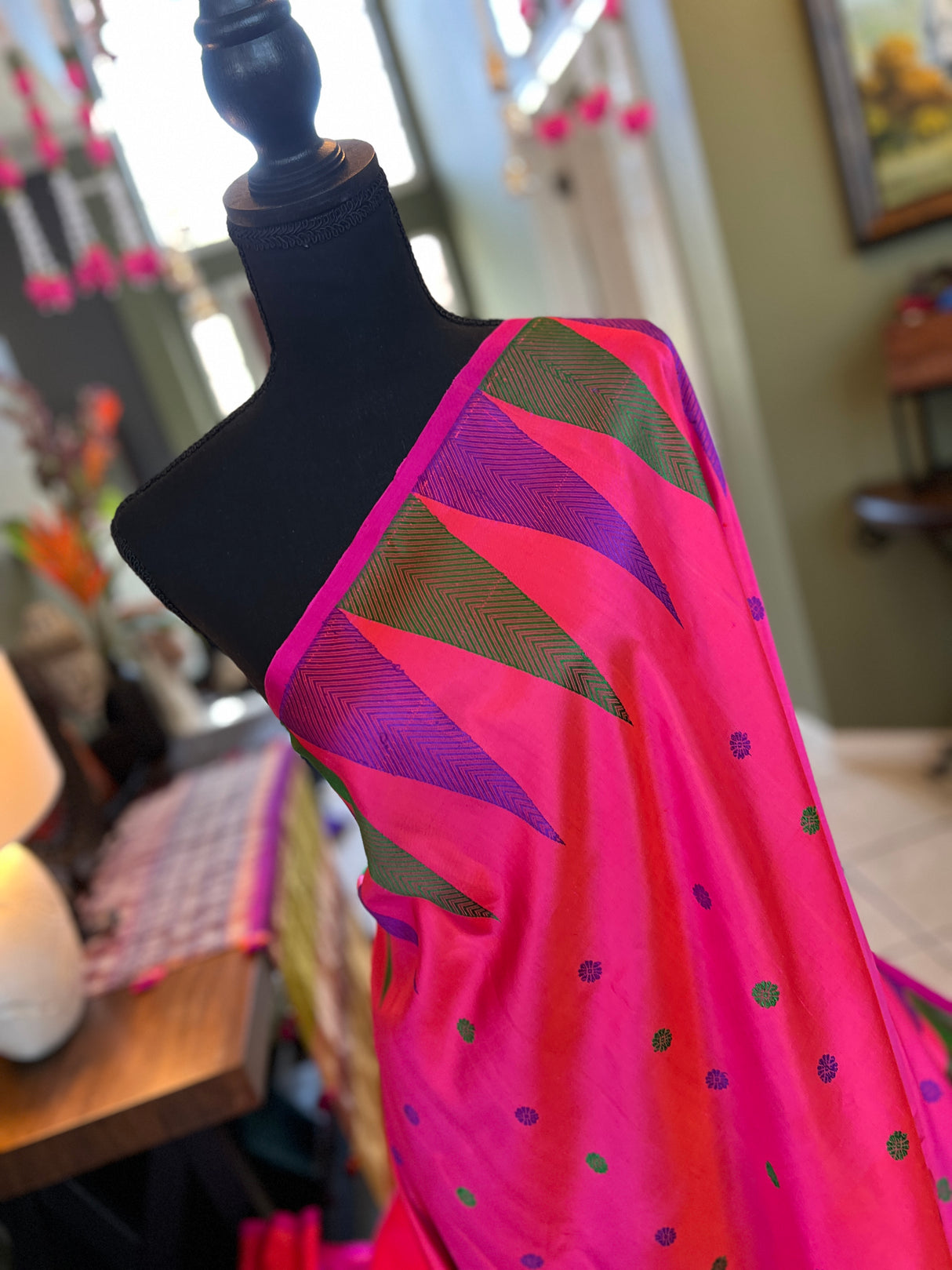 Hot Pink Multi color Gopuram Border Gadwal Handloom Pure Silk