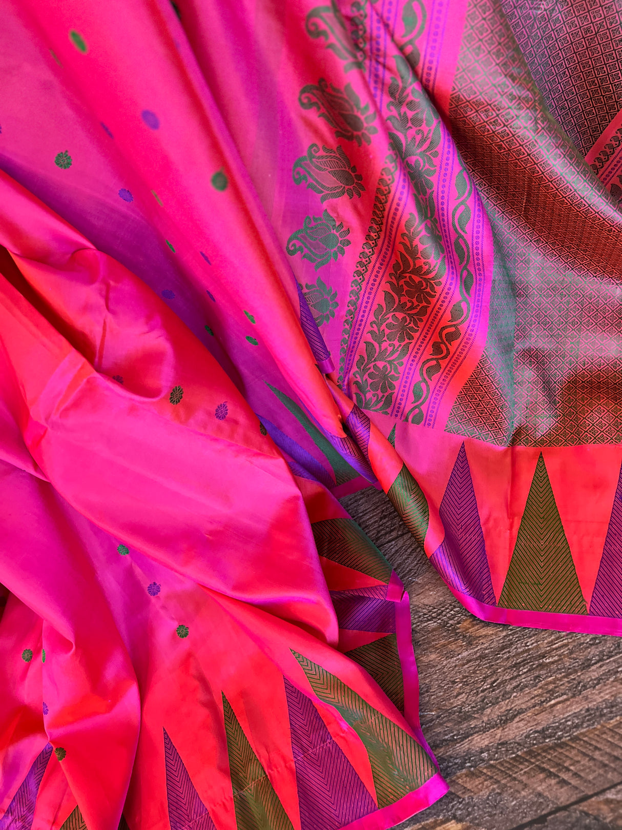 Hot Pink Multi color Gopuram Border Gadwal Handloom Pure Silk