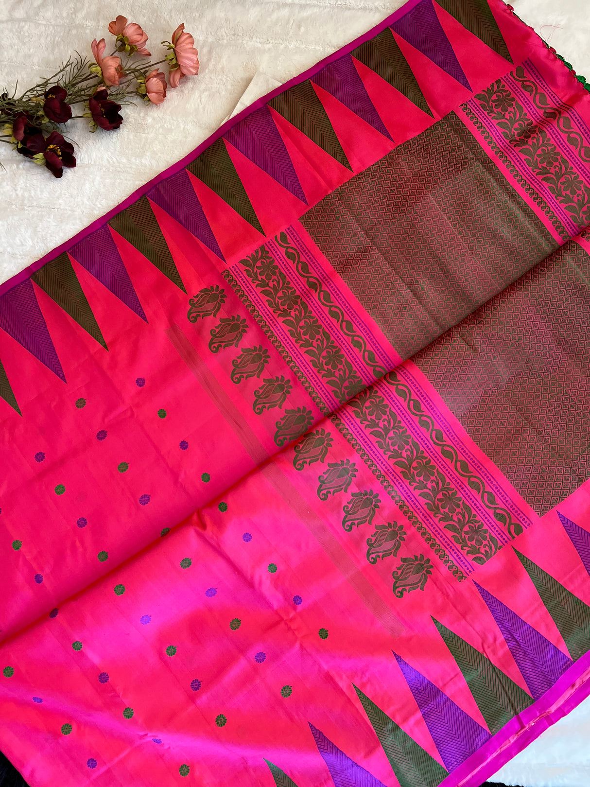 Hot Pink Multi color Gopuram Border Gadwal Handloom Pure Silk