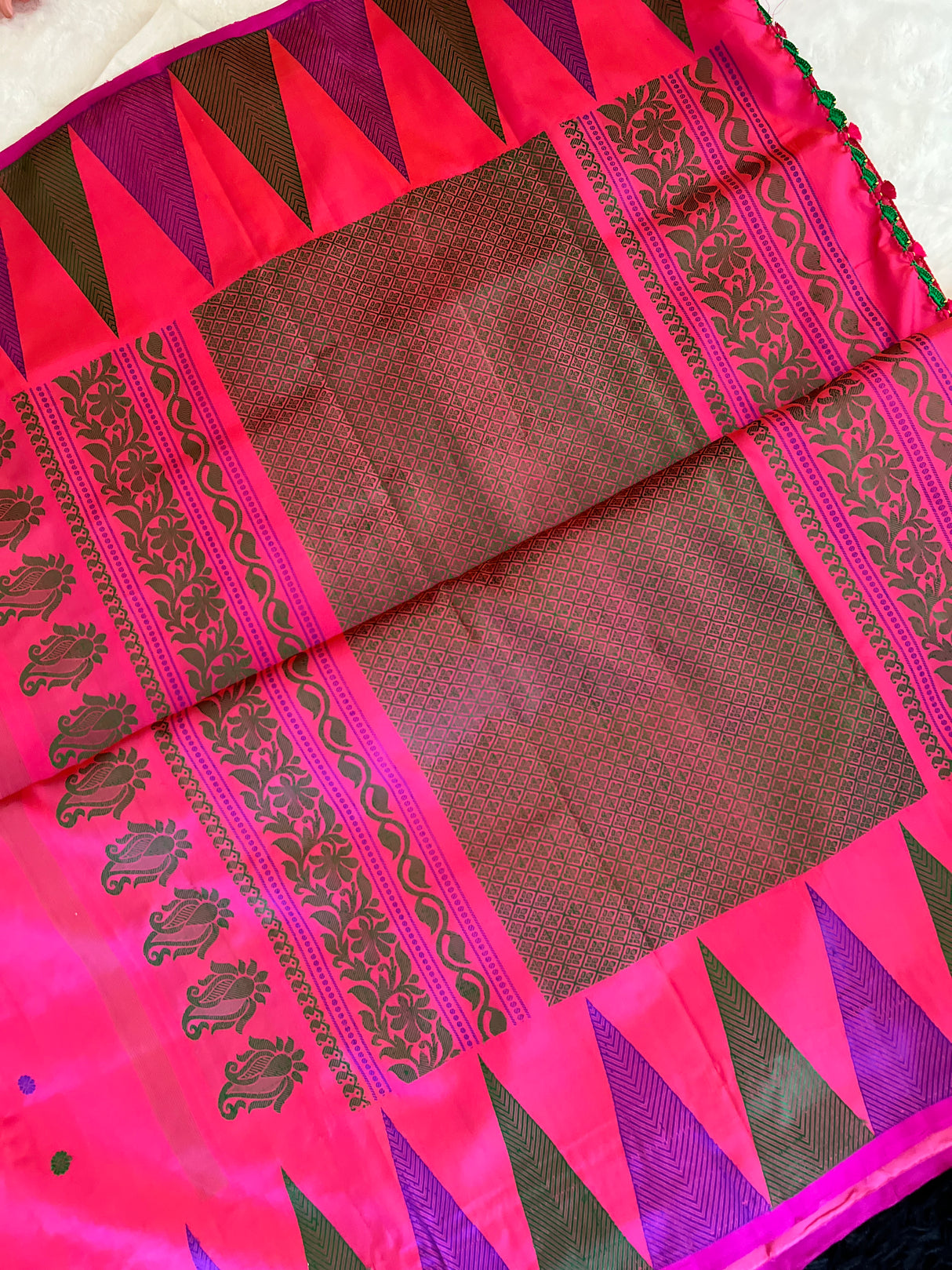 Hot Pink Multi color Gopuram Border Gadwal Handloom Pure Silk