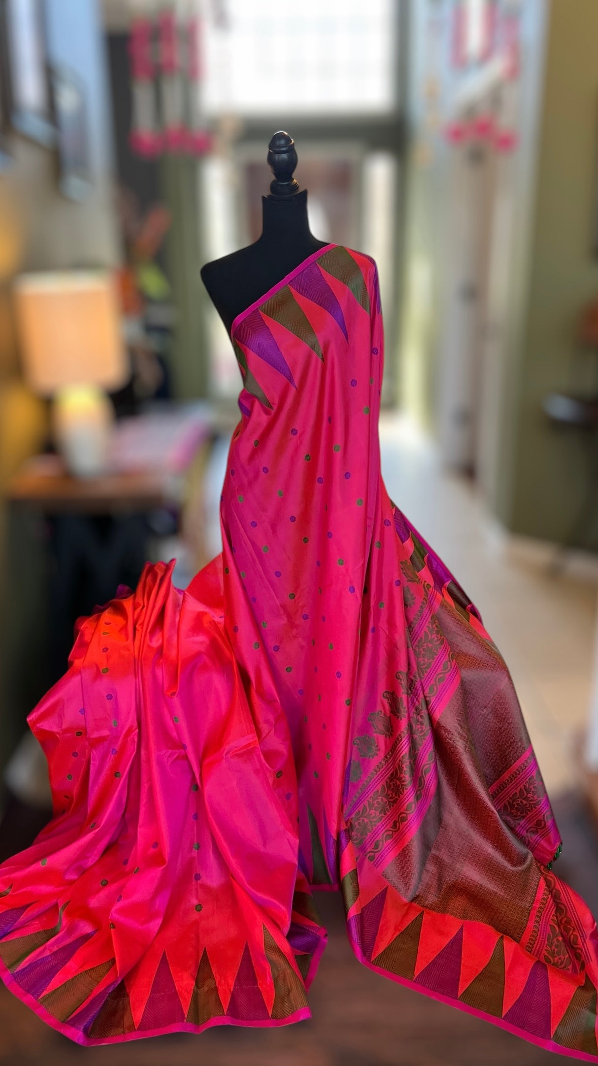 Hot Pink Multi color Gopuram Border Gadwal Handloom Pure Silk