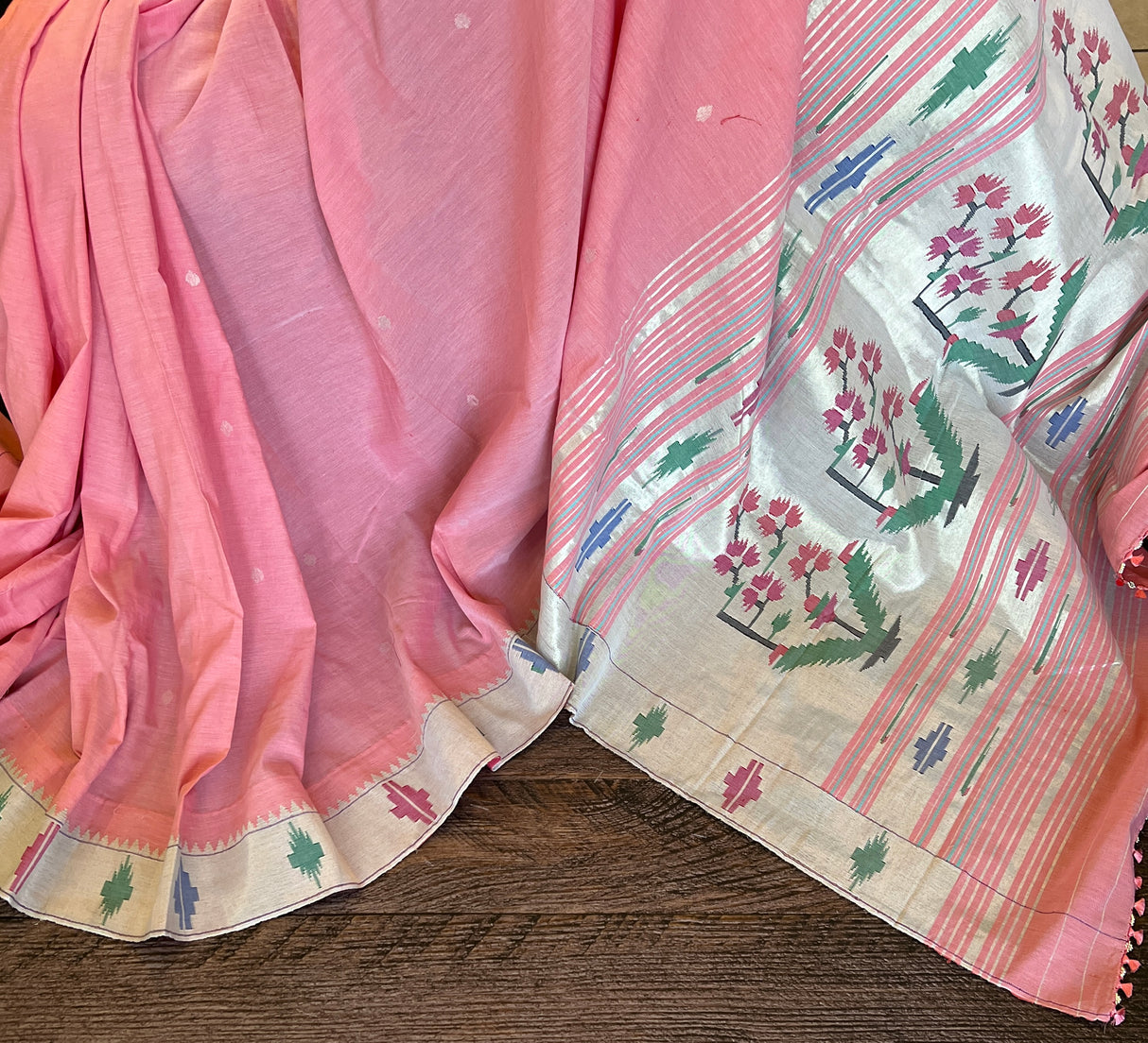Baby Pink Barav Panja Handloom Pure Cotton Paithani