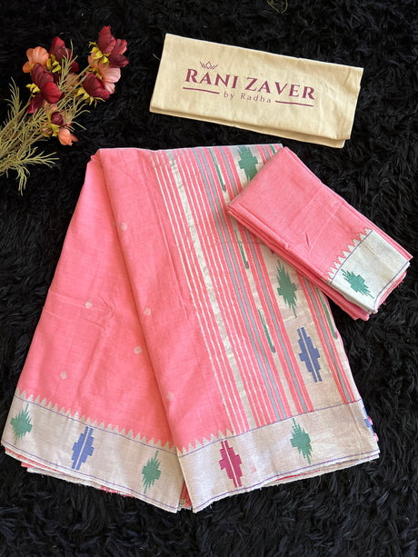 Baby Pink Barav Panja Handloom Pure Cotton Paithani
