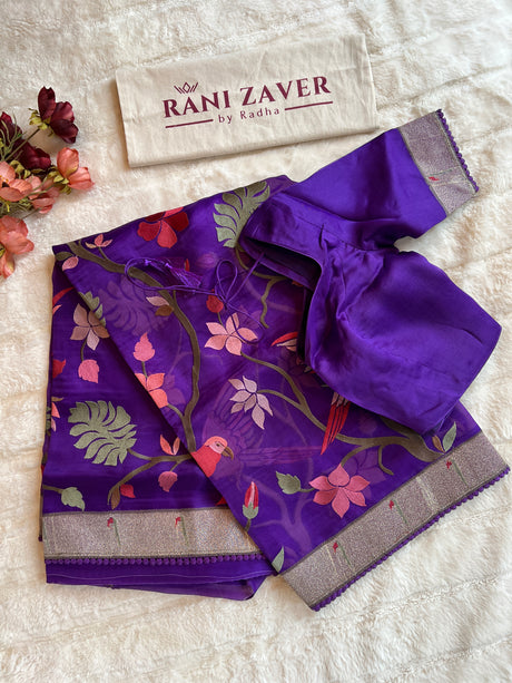 Purple Embroidered Muniya Border Paithani Inspired Pure Organza