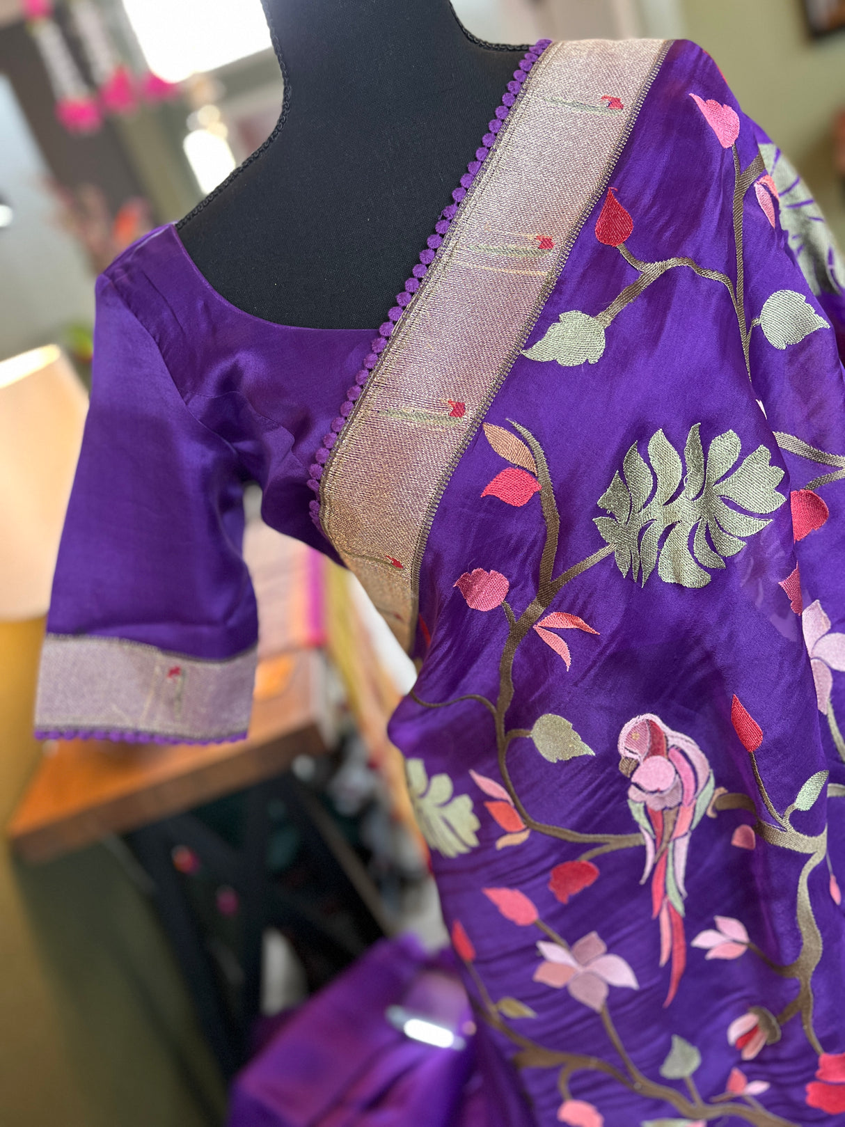 Purple Embroidered Muniya Border Paithani Inspired Pure Organza