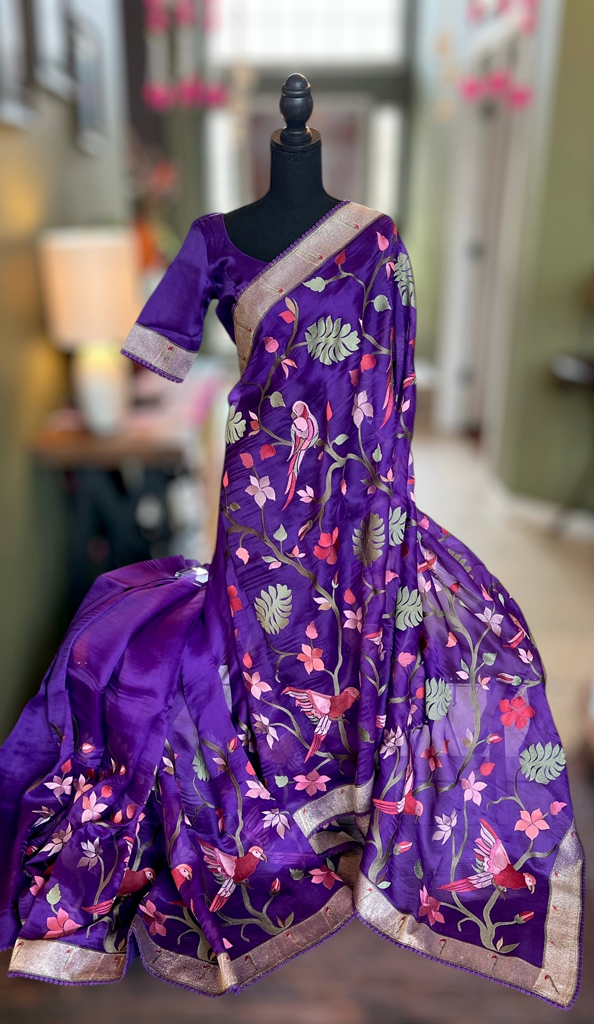 Purple Embroidered Muniya Border Paithani Inspired Pure Organza