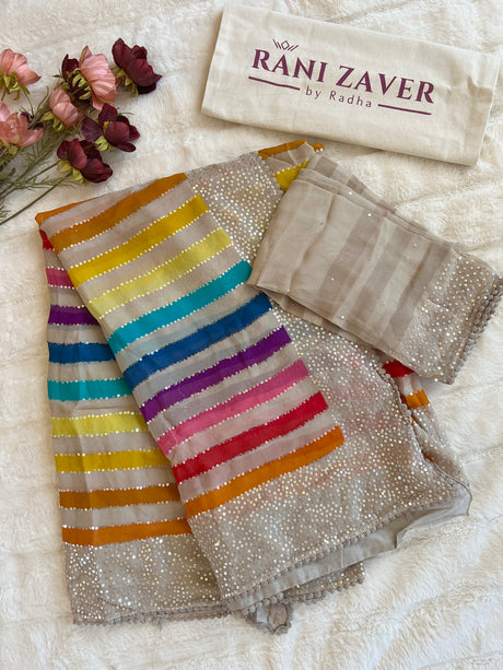 Multi Colored striped Pure Georgette Party Saree with UNSTITCHED blouse