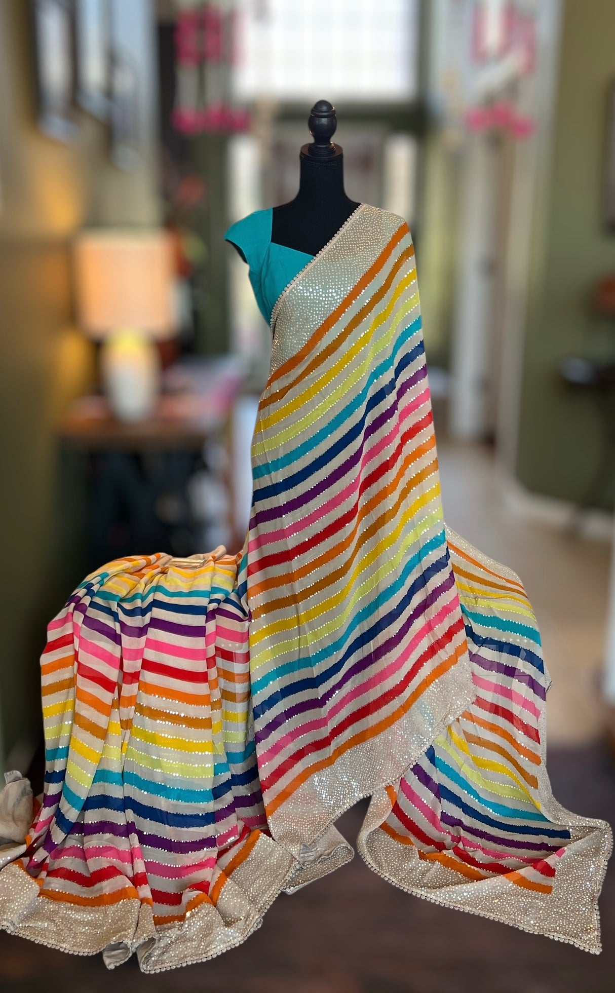 Multi Colored striped Pure Georgette Party Saree with UNSTITCHED blouse