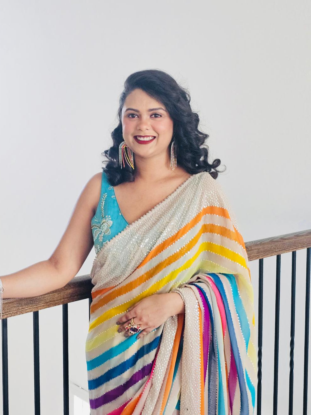 Multi Colored striped Pure Georgette Party Saree with UNSTITCHED blouse