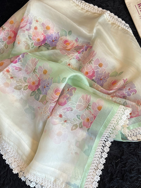 Pista Green Floral Pure Organza