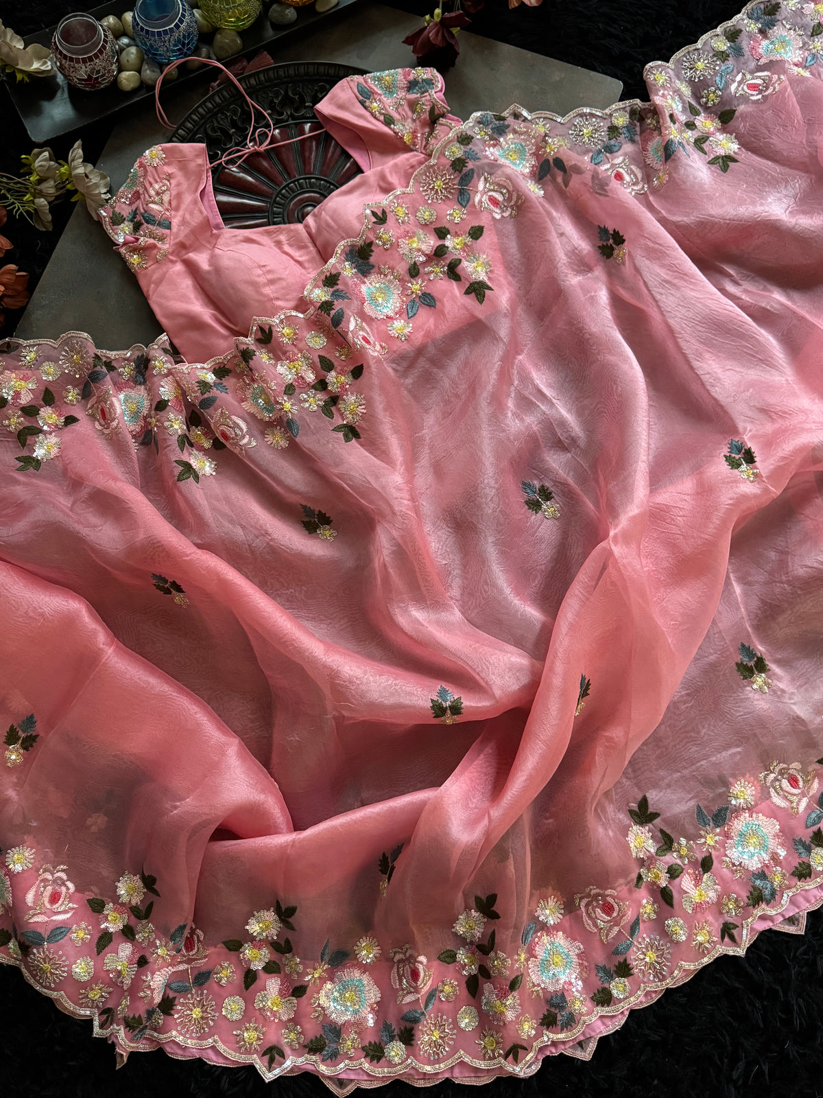 Peachy Pink Organza With Zardosi Embroidery