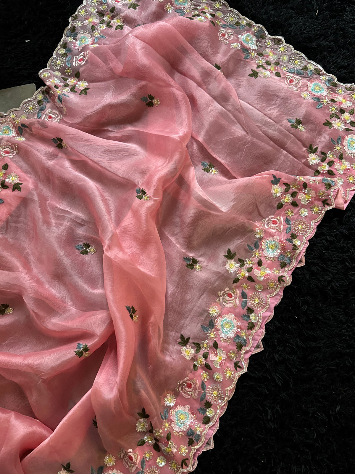 Peachy Pink Organza With Zardosi Embroidery
