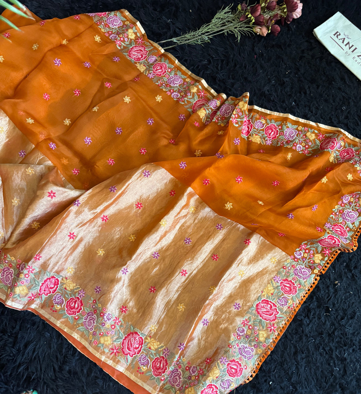 Burnt Orange Kora Tissue embroidered