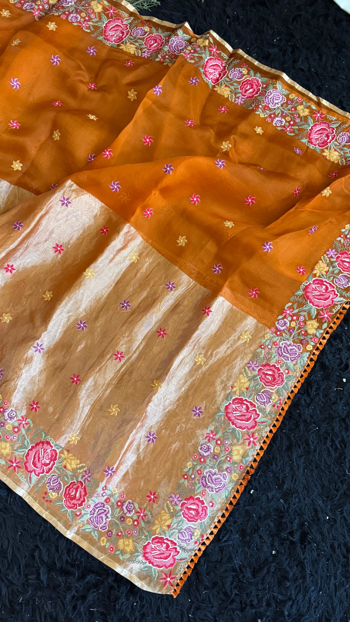 Burnt Orange Kora Tissue embroidered