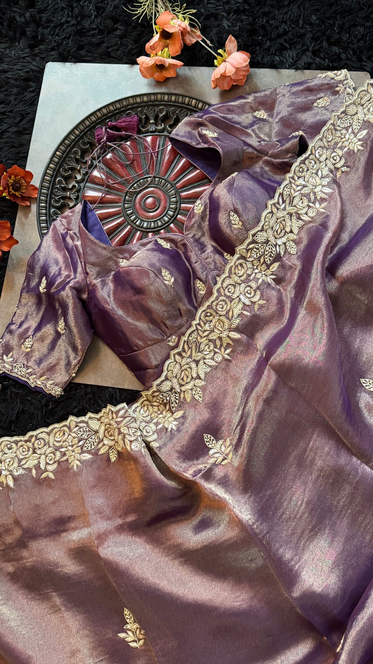 Purple Tissue Pure Organza Designer Saree
