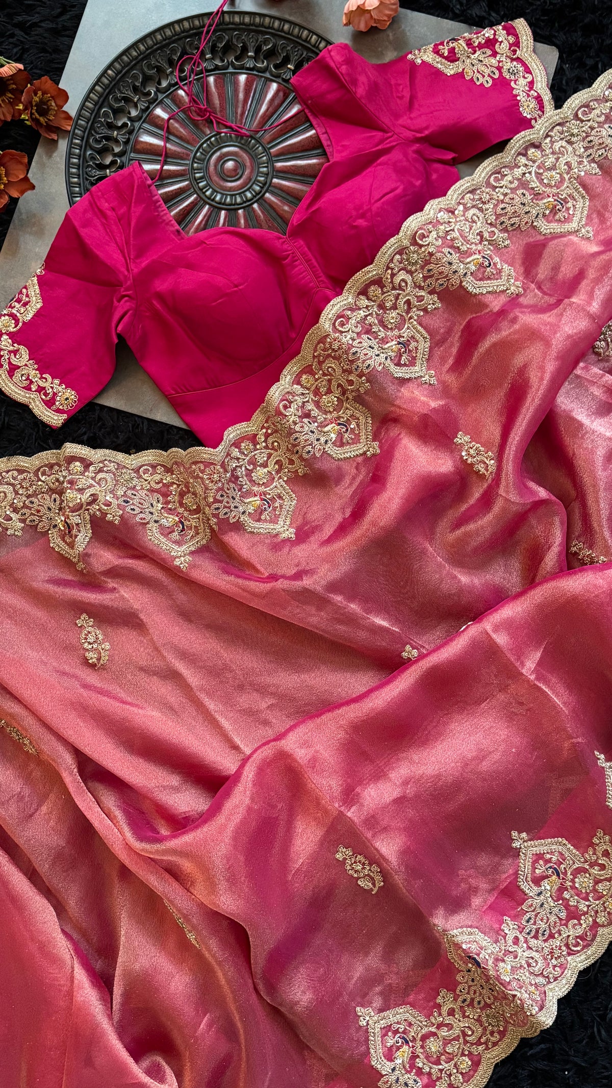 Rani Pink Tissue Pure Organza Designer Saree