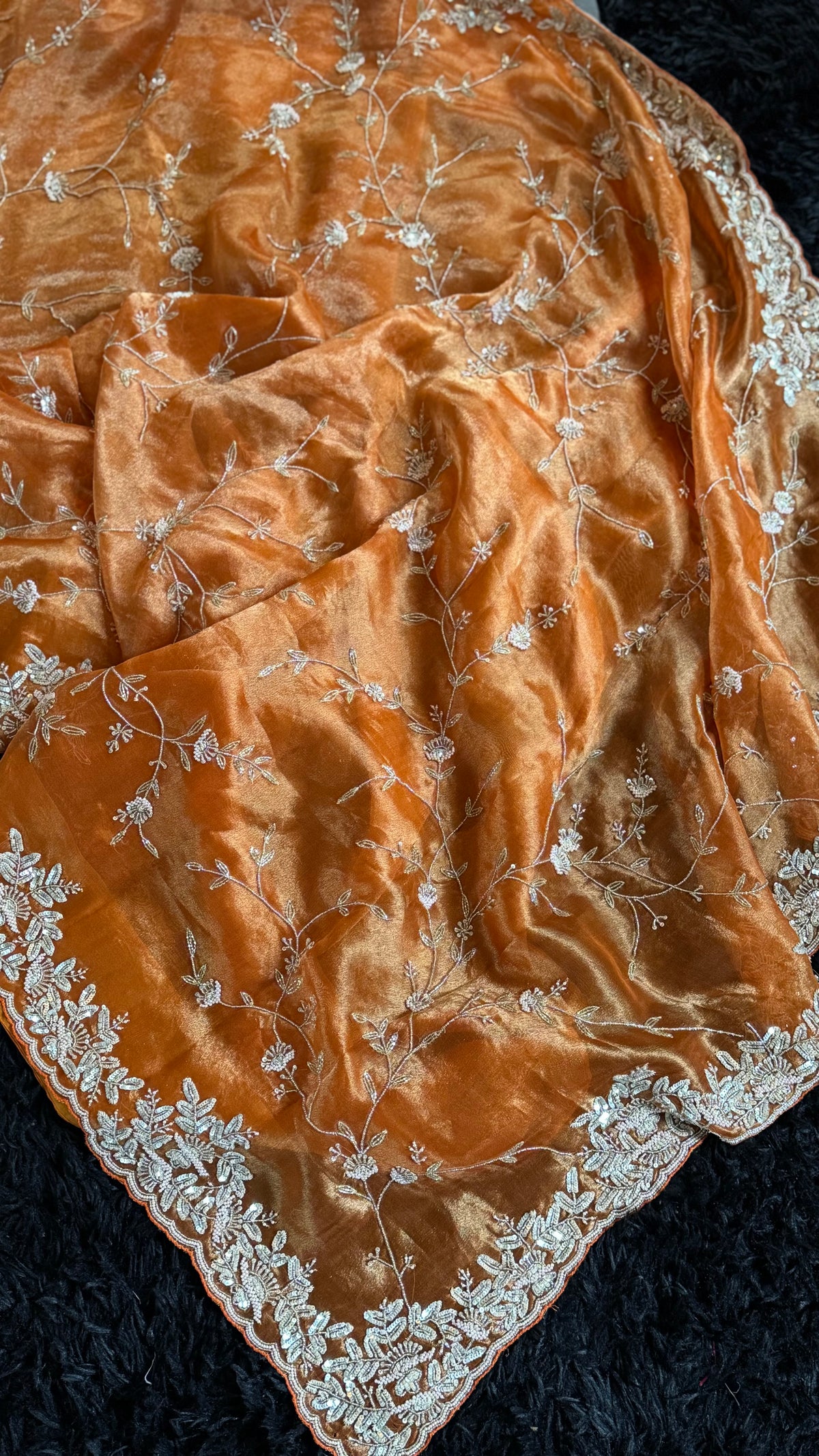 Burnt Orange Rust Tissue Pure Organza Designer Saree