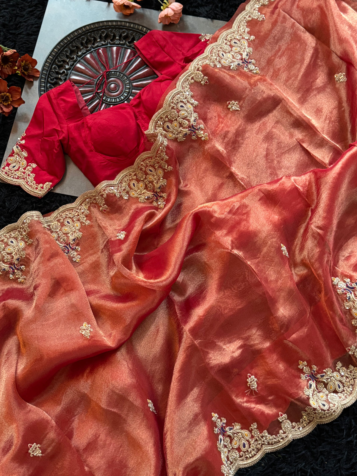 Red Tissue Pure Organza Designer Saree