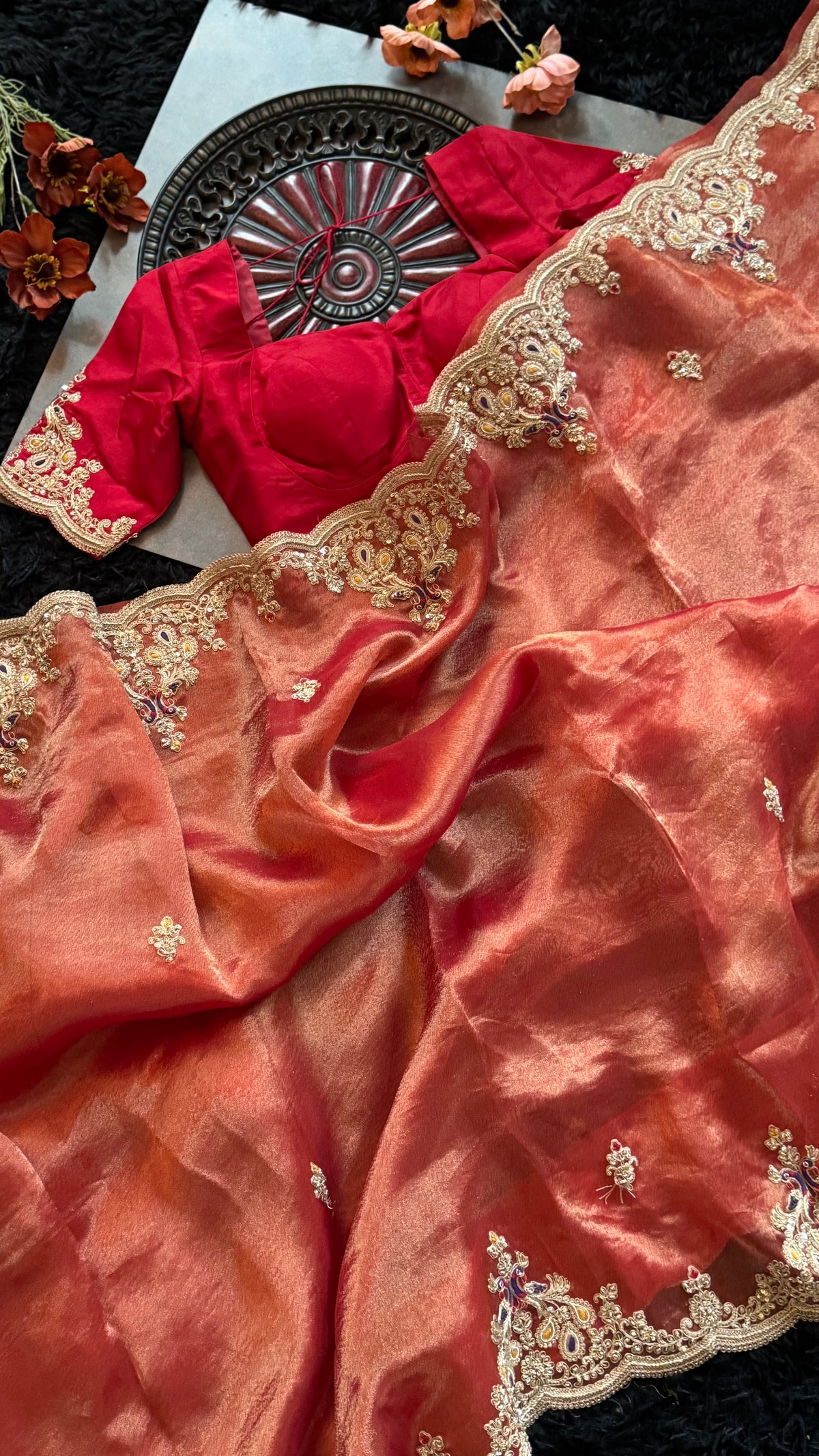 Red Tissue Pure Organza Designer Saree