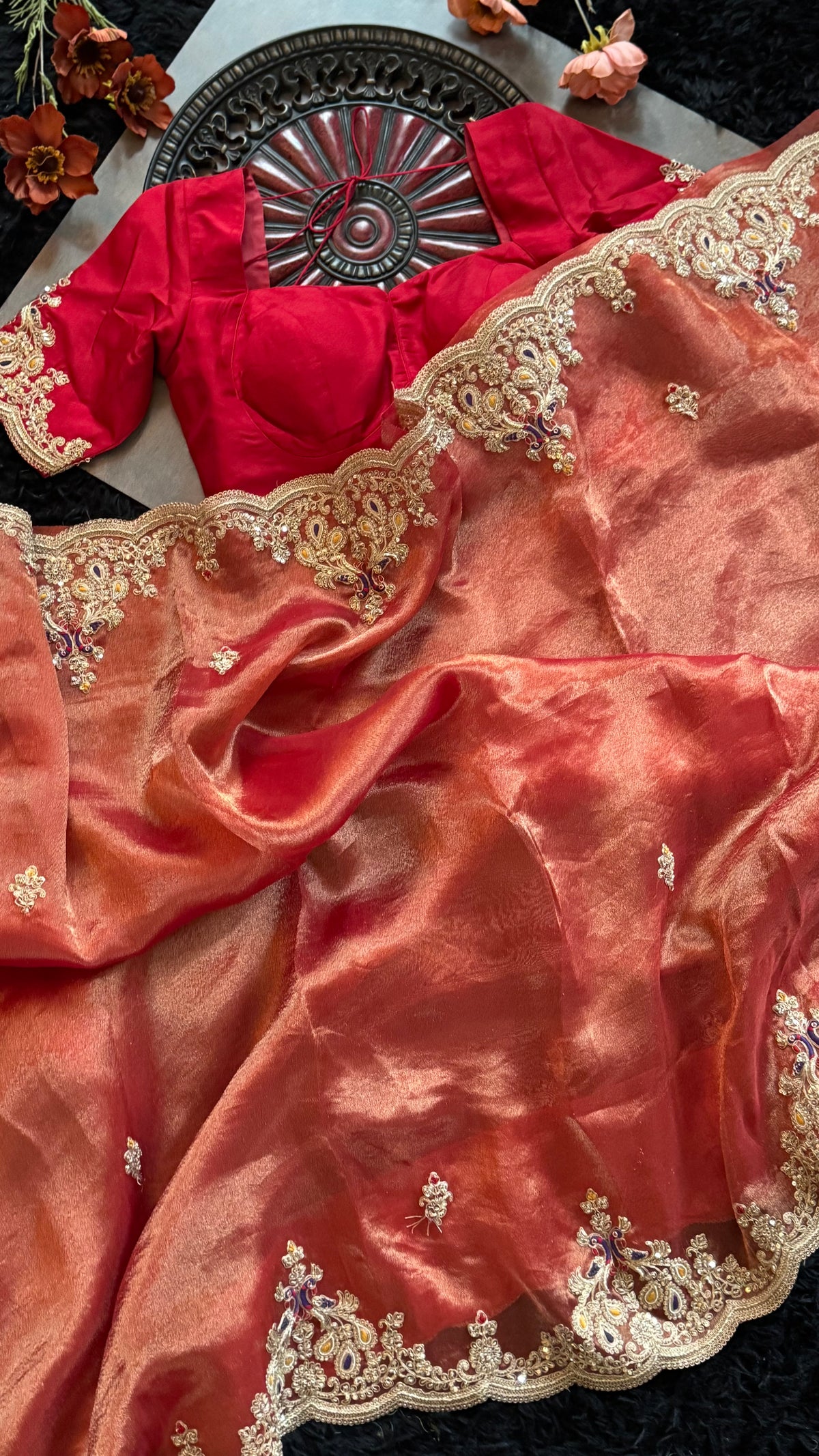 Red Tissue Pure Organza Designer Saree