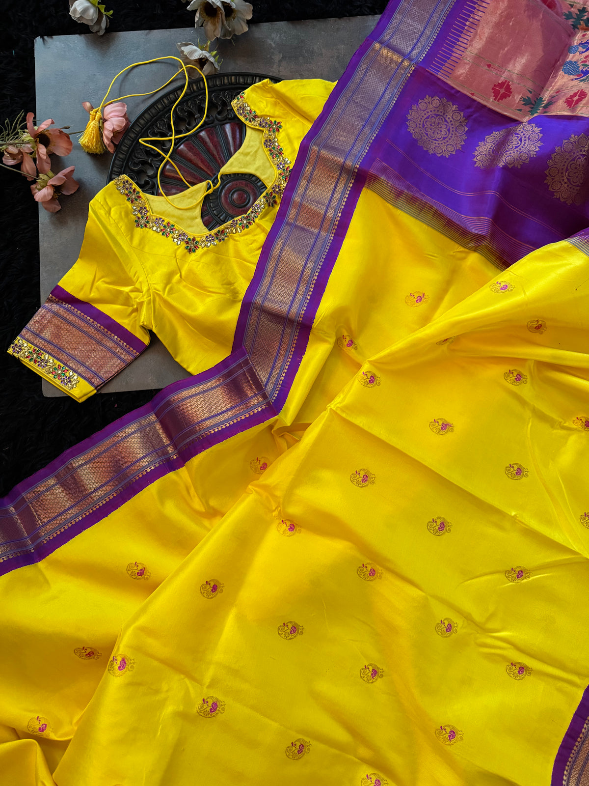 Yellow Purple Maharani Paithani Handloom Pure Silk