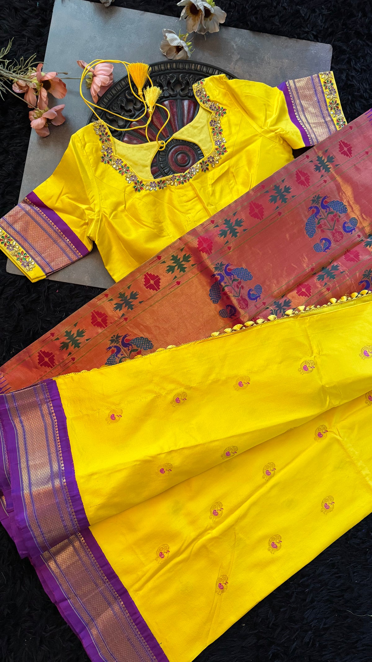 Yellow Purple Maharani Paithani Handloom Pure Silk