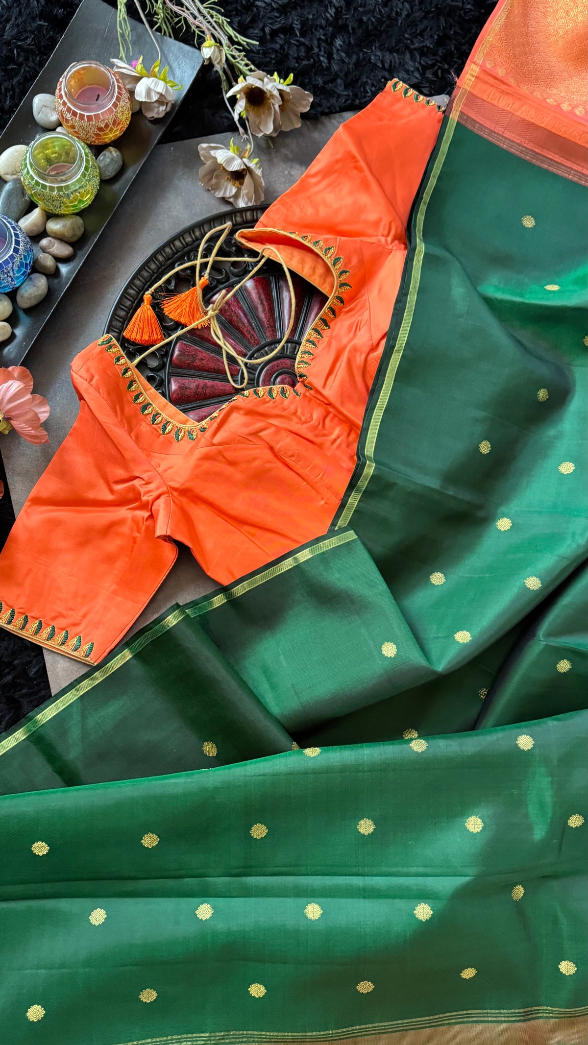 Green Saree Peach Pleats Kanchipuram pure silk