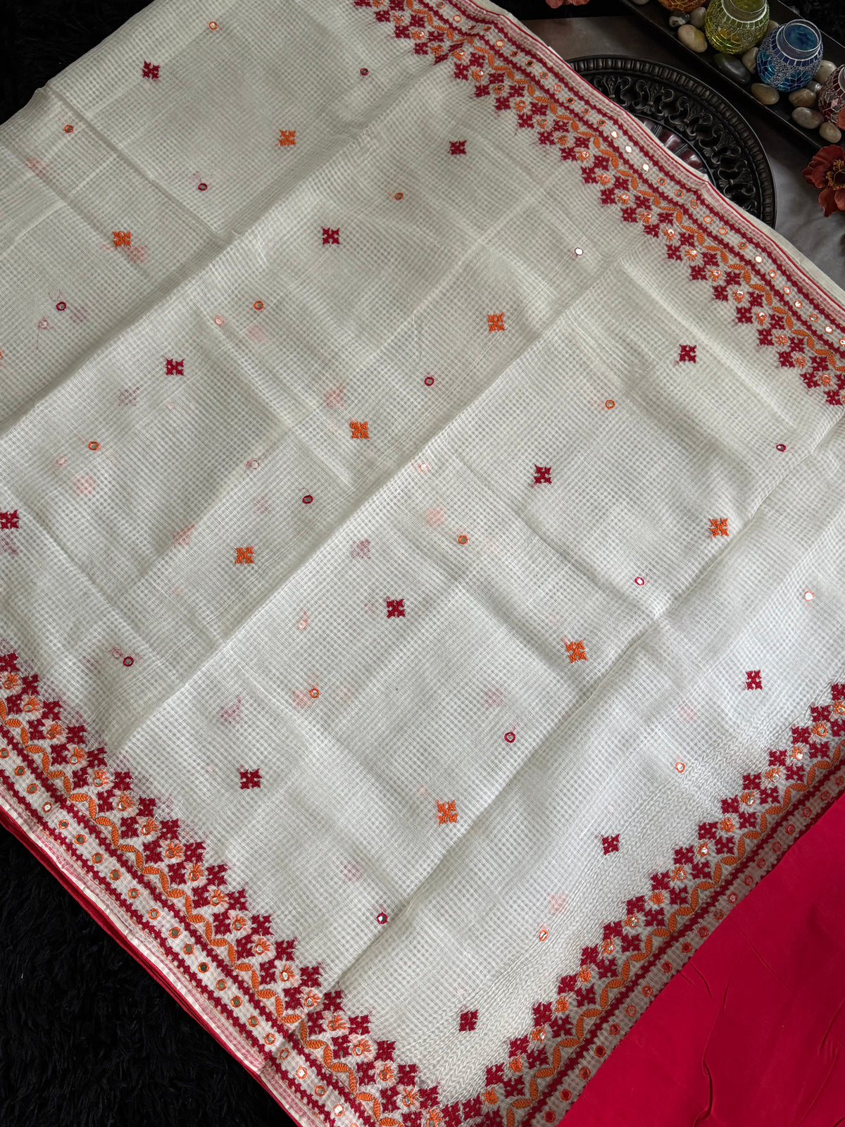 White Red Kutch Embroidery Kota