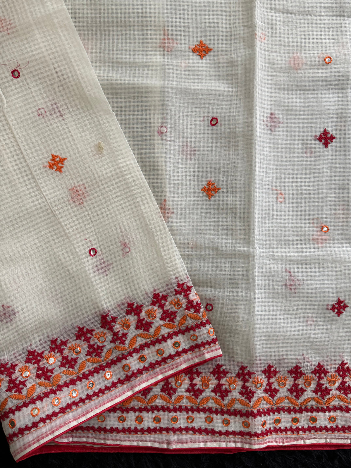 White Red Kutch Embroidery Kota