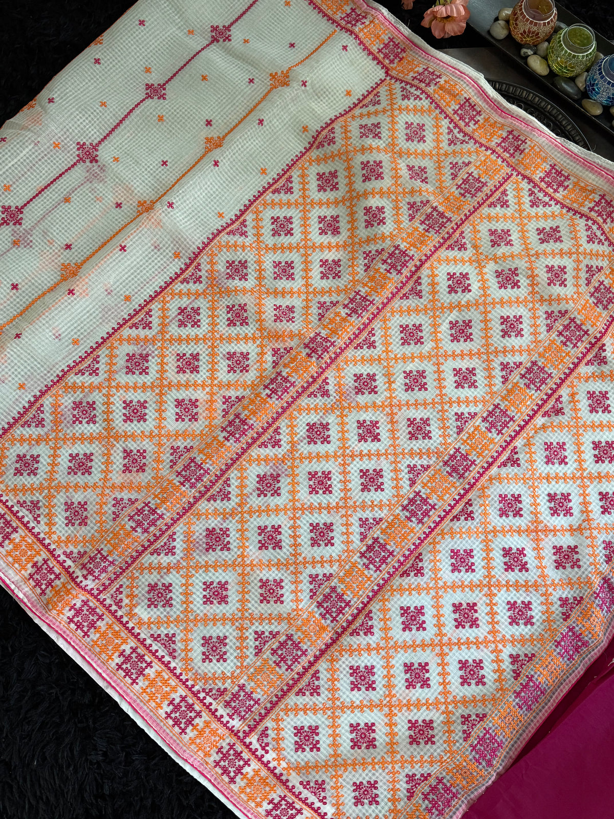 White Orange Multicolor Kutch Embroidery Kota