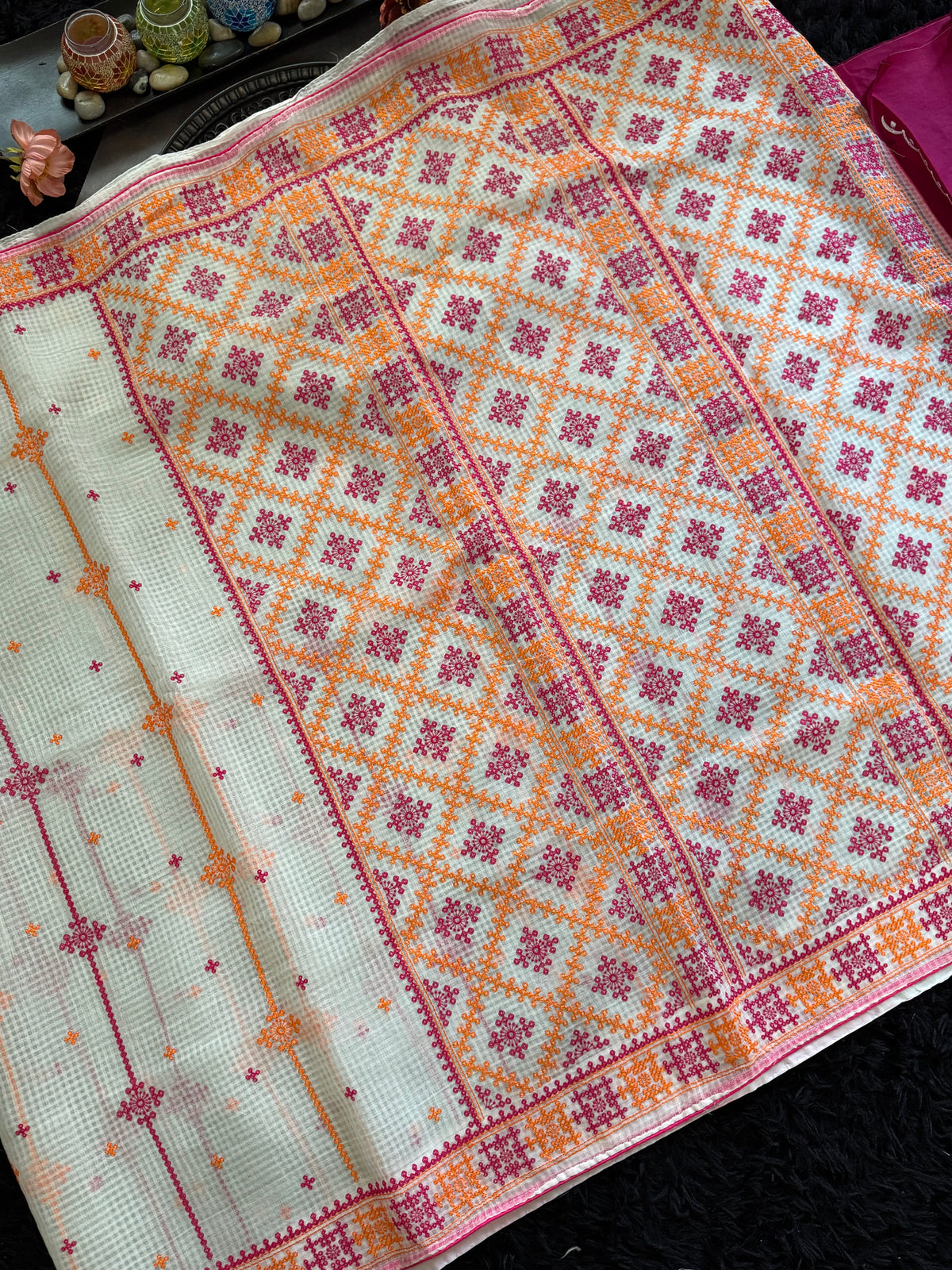 White Orange Multicolor Kutch Embroidery Kota