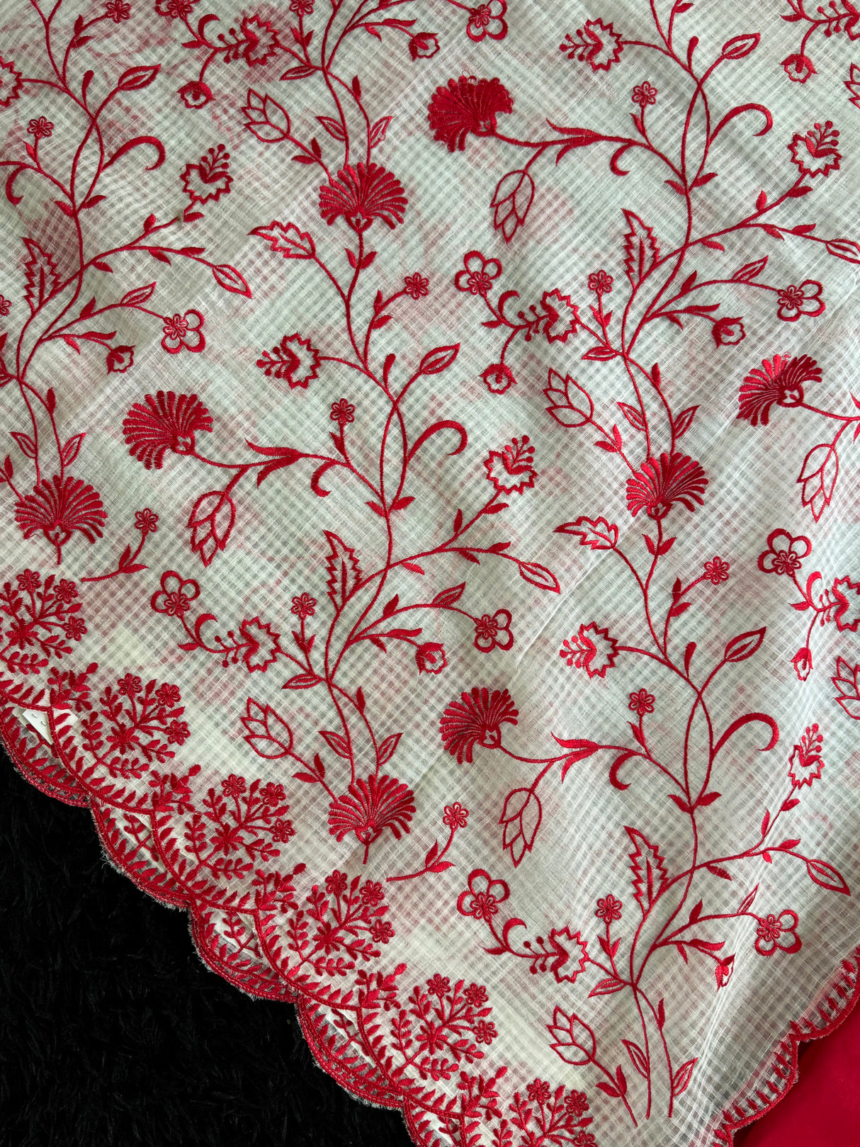 White Red Embroidered Kota
