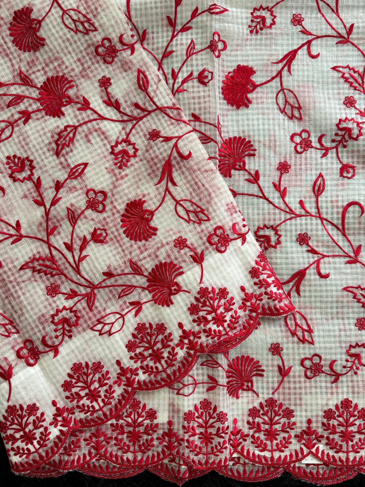White Red Embroidered Kota