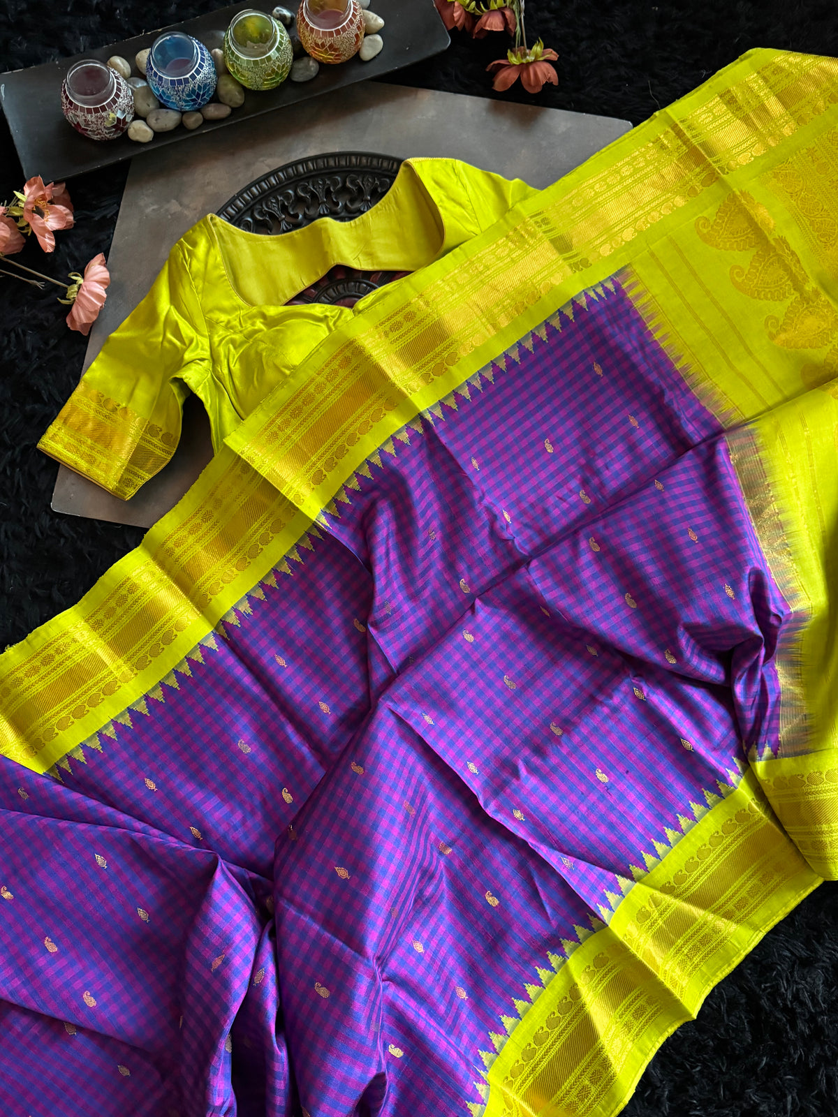 Purple Checks Chartreuse Gadwal Handloom Pure Silk